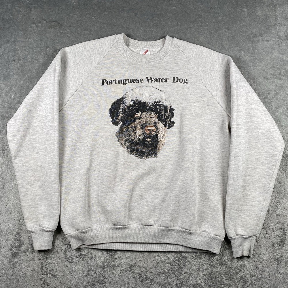 Vintage Portuguese Water Dog Sweatshirt Mens Size XL Grey Graphic Raglan 80s